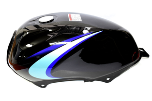 TANQUE Y YBR125 NEGRO CON CALCO CELESTE Y MORADO